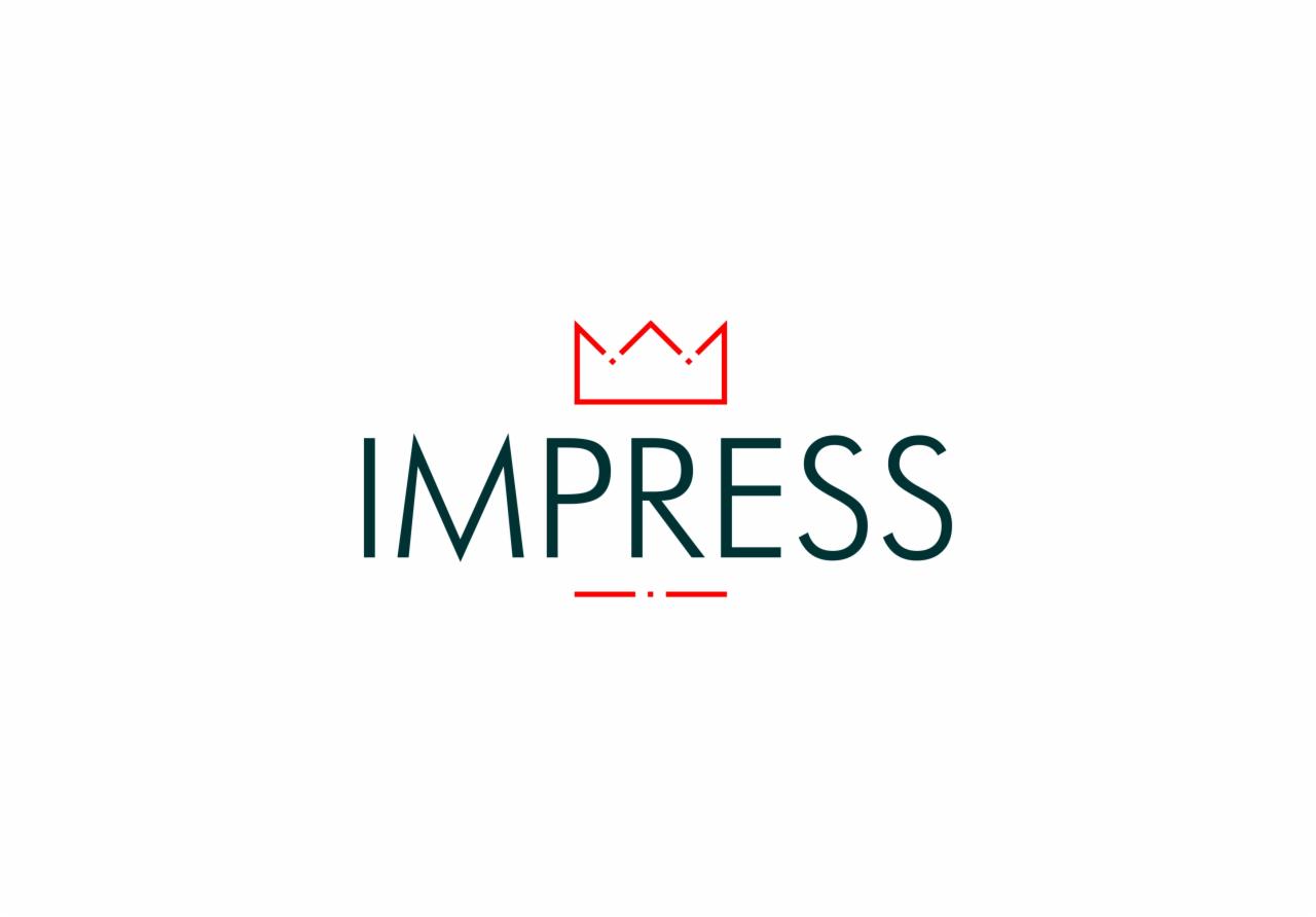 Logo firmy 'Impress' z czerwoną koroną nad nazwą i podkreśleniem, na białym tle. Minimalistyczny design z ciemnozieloną czcionką.
