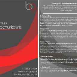 Grafika reklamowa biura rachunkowego Basic Group z szaro-czerwonym tłem, prezentująca ofertę: księgowość, kadry, dotacje, wsparcie biznesu i e-sekretariat.