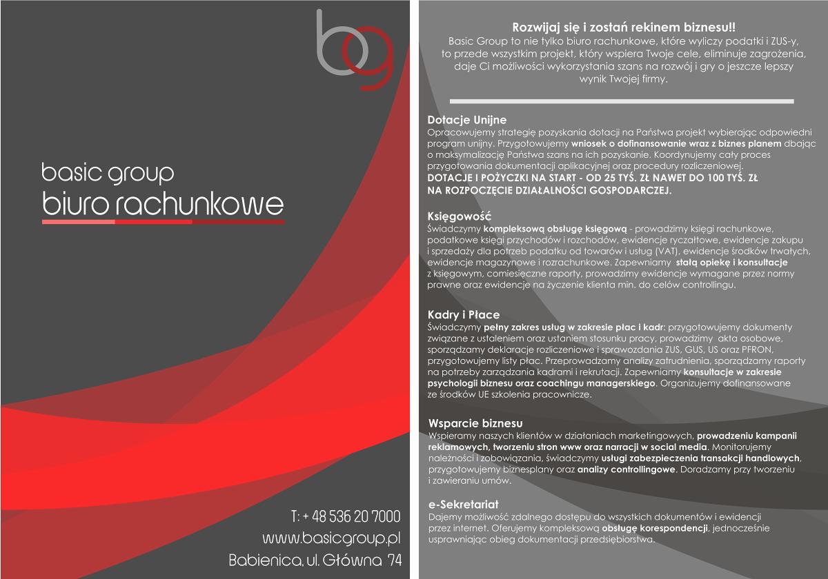 Grafika reklamowa biura rachunkowego Basic Group z szaro-czerwonym tłem, prezentująca ofertę: księgowość, kadry, dotacje, wsparcie biznesu i e-sekretariat.