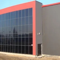 Nowoczesna hala z szarą elewacją i dużymi, ciemnymi oknami w czerwonej ramie. Widoczny fragment drzwi wejściowych i lampy zewnętrzne. Błękitne niebo.