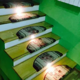 Drewniane schody z białymi podstopnicami, pokryte dywanikami w orientalne wzory, oświetlone od dołu, na tle zielonej ściany. Widok z góry.