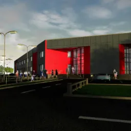 Wizualizacja budynku usługowego z czerwono-szarą elewacją, stylizowanym pylonem reklamowym i zaparkowanymi autami. Uwagę przyciągają sylwetki ludzi przed wejściem.