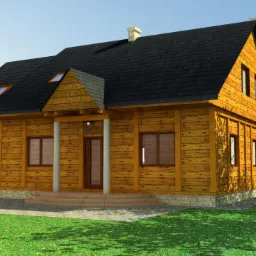 Wizualizacja drewnianego domu z czarnym dachem i kolumnami przy wejściu, otoczonego zielonym trawnikiem i drzewami. Widoczny garaż z bramą segmentową.