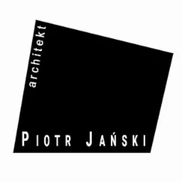 Logo architekta Piotra Jańskiego: czarny, ukośny prostokąt z białymi napisami 'architekt' u góry i 'PIOTR JAŃSKI' u dołu.