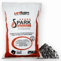 Worek ekogroszku Spark Exclusive o wadze 25kg z parametrami jakościowymi, obok leży bryła węgla. Paliwo do kotłów retortowych z podajnikiem automatycznym.