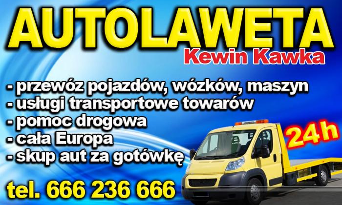 Żółta laweta na tle niebieskiego baneru z ofertą przewozu pojazdów, pomocą drogową 24h i skupem aut za gotówkę. Tel. 666 236 666.