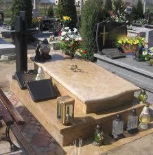 Jasny, kamienny nagrobek z krzyżem na cmentarzu, otoczony zniczami i kwiatami. Ujęcie z perspektywy lekko z góry, ukazujące nagrobek na tle innych grobów.