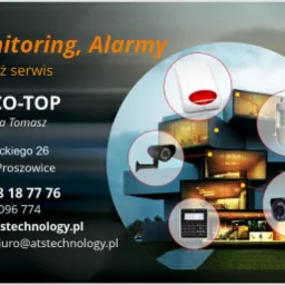 Grafika reklamowa: monitoring, alarmy, montaż i serwis. Centrala alarmowa, czujnik ruchu, kamera przemysłowa i sygnalizator na tle nowoczesnego budynku.