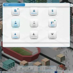 Interfejs użytkownika aplikacji biznesowej z widokiem miasta w tle, prezentujący opcje inwestycji, wyposażenia, cen, obsługi klienta, zatrudnienia i promocji.