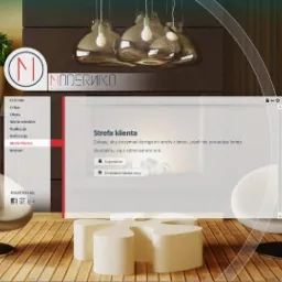 Wizualizacja strony internetowej z panelem logowania do strefy klienta, wyświetlona w aranżacji wnętrza z fotelami i dekoracjami, prezentująca design i funkcjonalność aplikacji internetowej.