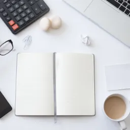 Widok z góry na białe biurko z otwartym notatnikiem, laptopem, kalkulatorem, okularami, smartfonem, kawą, karteczkami samoprzylepnymi, spinaczami i dwoma makaronikami.