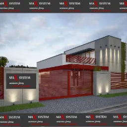 Nowoczesna posesja z poziomym, czerwonym ogrodzeniem metalowym i bramą wjazdową. Betonowe słupki oświetlone od dołu. Minimalistyczny design domu.