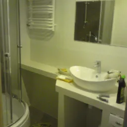 Wykończona łazienka z kabiną prysznicową, umywalką nablatową i grzejnikiem drabinkowym. Widoczne narzędzia i środki czystości. Oświetlenie górne.