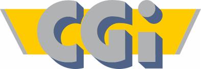 Logo firmy CGI z szarymi literami na żółtym tle, z efektem 3D.