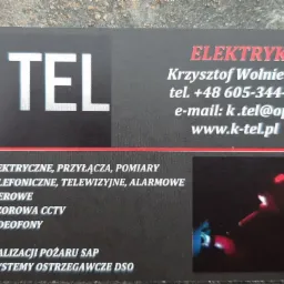 Wizytówka firmy K-TEL Krzysztof Wolniewicz ELEKTRYK z numerem telefonu, adresem e-mail i listą usług: instalacje elektryczne, przyłącza, pomiary, instalacje telefoniczne, telewizyjne, alarmowe...