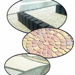 Kompozycja trzech zbliżeń na różne wzory ułożenia kostki brukowej: prostokątna z czarnym obrzeżem, okrągła z kolorowych kostek i kwadratowa z szarych kostek.