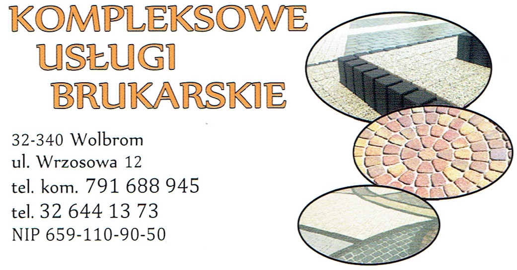 Grafika reklamowa firmy brukarskiej z adresem w Wolbromiu, prezentująca przykłady ułożenia kostki brukowej w różnych wzorach i kolorach, umieszczone w owalnych ramkach.
