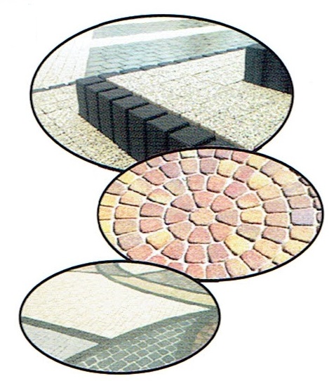 Kompozycja trzech zbliżeń na różne wzory ułożenia kostki brukowej: prostokątna z czarnym obrzeżem, okrągła z kolorowych kostek i kwadratowa z szarych kostek.