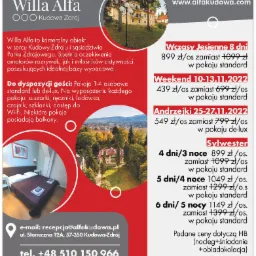 Ulotka reklamowa Willi Alfa w Kudowie-Zdroju z ofertami pobytów jesiennych, weekendowych, andrzejkowych i sylwestrowych, prezentująca widok budynku i pokoju hotelowego.