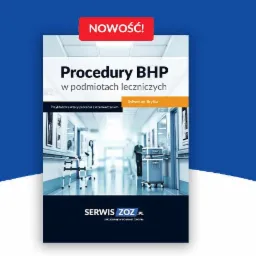 Okładka książki 'Procedury w podmiotach leczniczych' z widokiem korytarza szpitalnego w tle, oznaczona hasłem 'Nowość!'