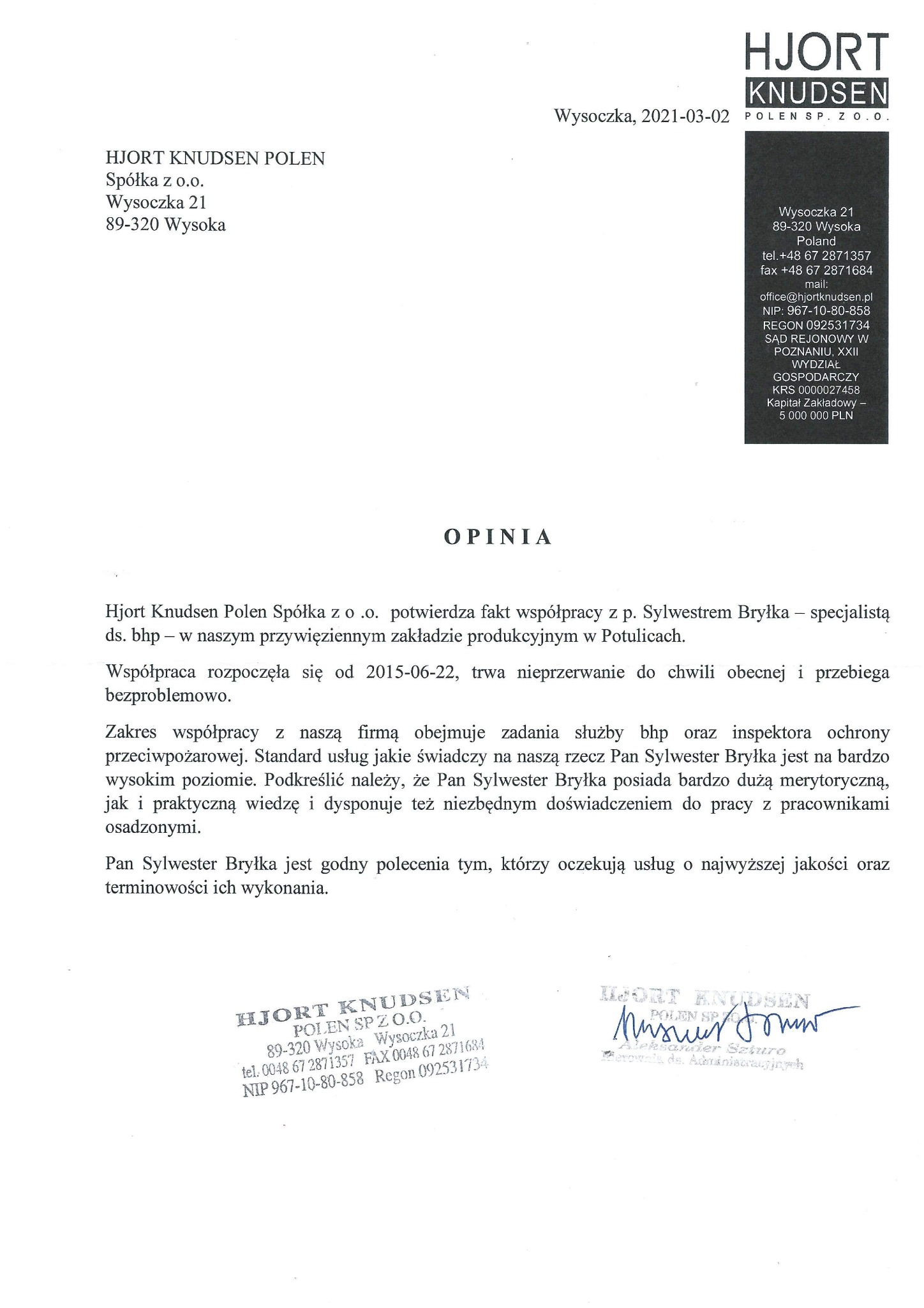 Skan dokumentu z opinią firmy Hjort Knudsen Polen Sp. z o.o. o współpracy z specjalistą ds.  i inspektorem ochrony przeciwpożarowej, zawierający dane kontaktowe firmy i podpis.