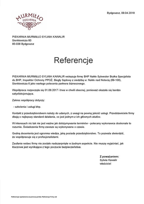 Skan referencji dla firmy świadczącej usługi z zakresu szkoleń i usług związanych z bezpieczeństwem i higieną pracy, wystawionej przez piekarnię Murmiłło.