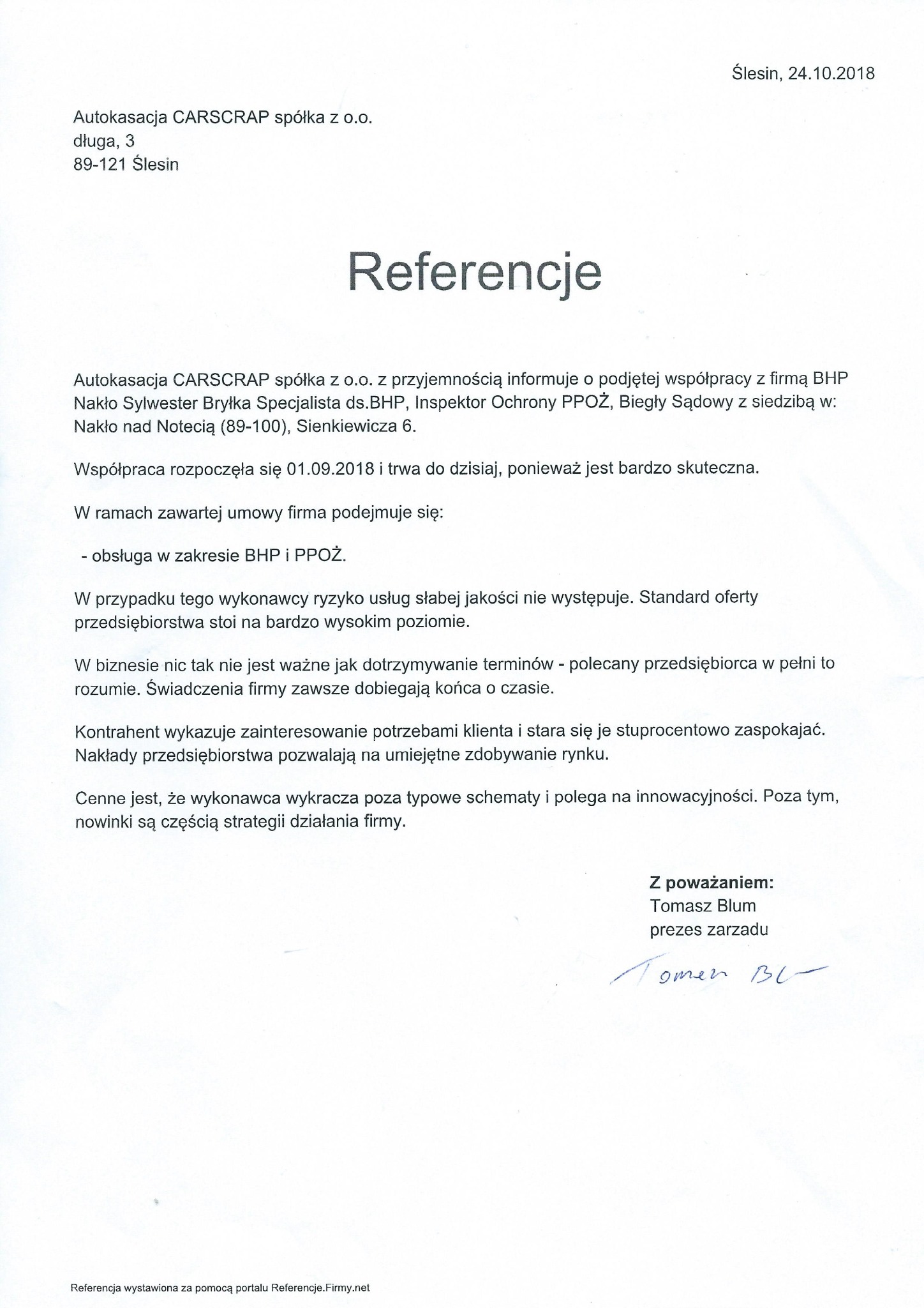Skan dokumentu referencyjnego dla firmy Autokasacja CARSCRAP, wystawionego 24.10.2018 w Ślesinie, potwierdzającego współpracę z firmą BHP Nakło Sylwester Bryłka w zakresie BHP i PPOŻ.
