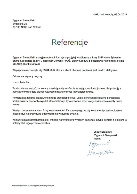 Skan dokumentu referencyjnego dla firmy, zawierający dane adresowe, datę wystawienia, treść rekomendacji, zakres współpracy (szkolenia bhp) oraz podpis agenta Zygmunta Stempińskiego.