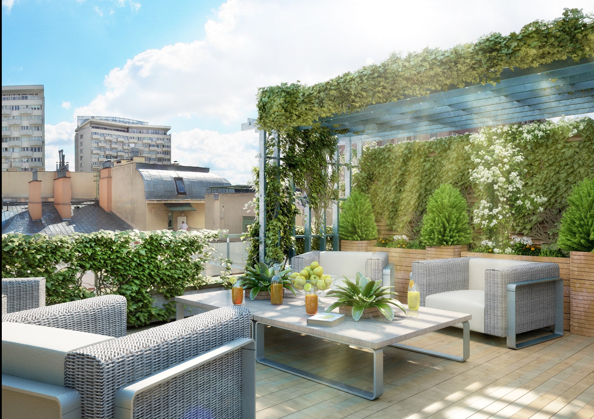 Stylowy taras na dachu z rattanowymi meblami, zielenią i widokiem na miasto w tle. Słoneczny dzień, nowoczesny design, relaksacyjna atmosfera.