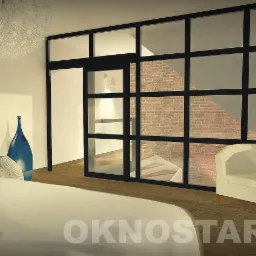 Loftowe przeszklenie z czarnymi szprosami oddziela sypialnię od schodów z ceglaną ścianą. Wnętrze doświetla nowoczesny żyrandol.