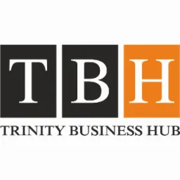Logo Trinity Business Hub: TBH w kwadratach (czarny, pomarańczowy) nad nazwą. Branding firmy.