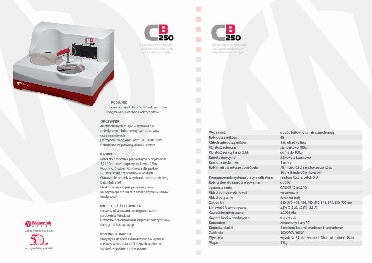 Automatyczny analizator biochemiczny CB 250 marki Wiener Lab Polska, z widocznym podajnikiem próbek i odczynników, rotorem do probówek pierwotnych i czytnikiem kodów kreskowych.