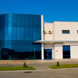 Nowoczesny budynek biurowy z fasadą z niebieskiego szkła, jasną elewacją i starannie utrzymanym otoczeniem. Widoczne klimatyzatory na ścianie.