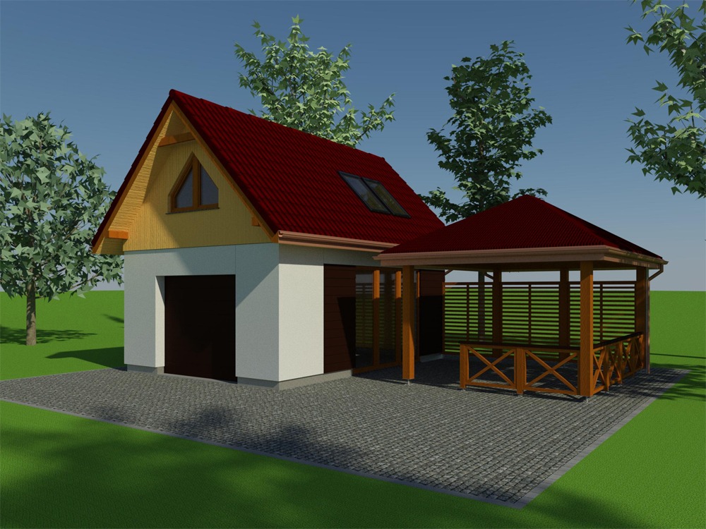 Wizualizacja 3D domu z garażem i drewnianą altaną z czerwonym dachem, otoczona kostką brukową i zielenią.