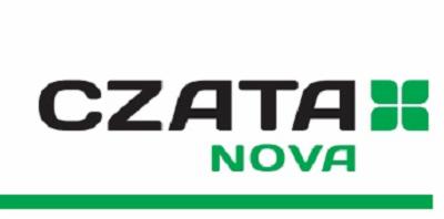 Logo Czata Nova: czarny napis 'CZATA', zielony napis 'NOVA', zielony symbol czterech kwadratów i pozioma linia. Minimalistyczny design na białym tle.