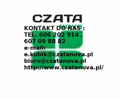 Dane kontaktowe firmy Czata Nova: numery telefonów, adresy e-mail i strona internetowa na białym tle.