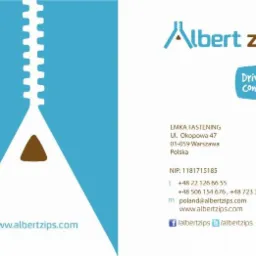 Wizytówka Albert Zips: grafika suwaka, dane kontaktowe, hasło 'Driven by Connection' i adres www.albertzips.com. Kolorystyka: błękit, biel, brąz.