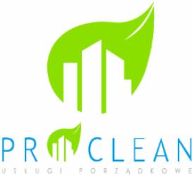 Logo firmy ProClean: białe budynki na tle zielonych liści, napis 'Pro Clean Usługi Porządkowe' pod spodem. Grafika w jasnych, pastelowych barwach.