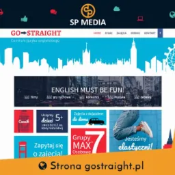 Zrzut ekranu strony internetowej szkoły językowej Go Straight z motywem Londynu, oferującej zajęcia dla dzieci i młodzieży z elementami gier i zabawy.