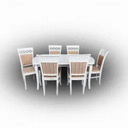 Komplet mebli: owalny, biały stół z sześcioma krzesłami z białymi ramami i tapicerowanymi oparciami oraz siedziskami w odcieniach beżu i brązu, widoczne z perspektywy lekko z góry.