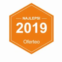 Pomarańczowa odznaka w kształcie sześciokąta z napisem 'NAJLEPSI 2019 Oferteo' na białym tle.
