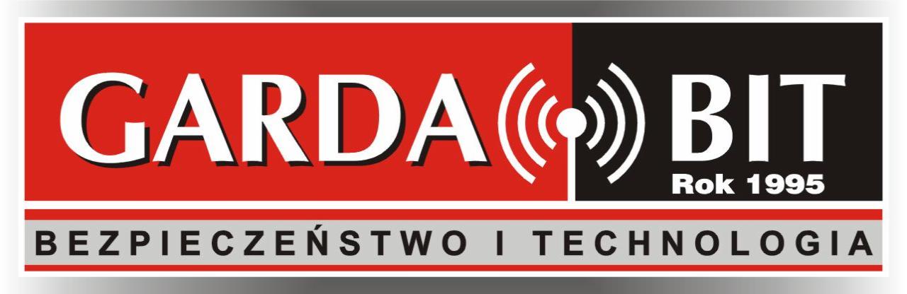 Logo Garda BIT z rokiem założenia 1995, w kolorach czerwonym, czarnym i białym, z hasłem 'Bezpieczeństwo i Technologia' na dole.