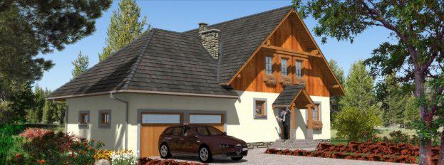 Wizualizacja domu jednorodzinnego z garażem, z drewnianą konstrukcją szkieletową w górnej części elewacji, brązowy samochód osobowy zaparkowany przed garażem.