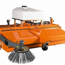 Pomarańczowa zamiatarka Bema 30 Dual z szarą szczotką na białym tle, widoczny zbiornik na wodę.