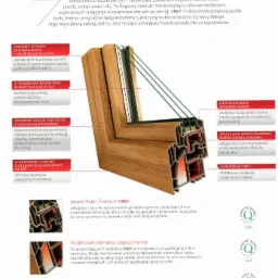 Przekrój okna V90+ z detalami konstrukcyjnymi: 6-komorowy system, stalowa ramka, potrójny układ uszczelek i ukryte okucia Designo. Prezentacja jakości i energooszczędności.