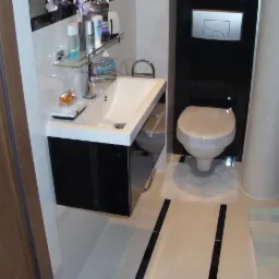 Nowoczesna łazienka z białą umywalką, czarnym szafką i toaletą. Białe płytki z czarnymi akcentami. Widoczne kosmetyki na półce i dekoracje.