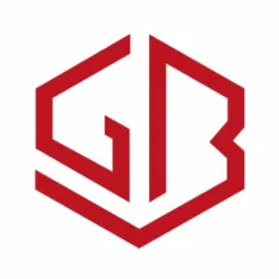 Czerwony, geometryczny logotyp firmy w kształcie sześciokąta, z wpisanymi stylizowanymi literami 'GB'.
