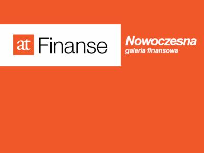 Pomarańczowe tło z logo 'at Finanse' w lewym górnym rogu i napisem 'Nowoczesna galeria finansowa' po prawej stronie.