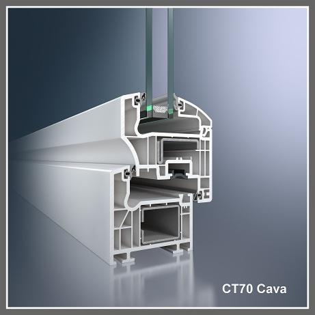 Przekrój profilu okiennego CT70 Cava. Precyzyjne detale konstrukcyjne, widoczne komory i uszczelki. Nowoczesne rozwiązanie dla energooszczędnych okien.