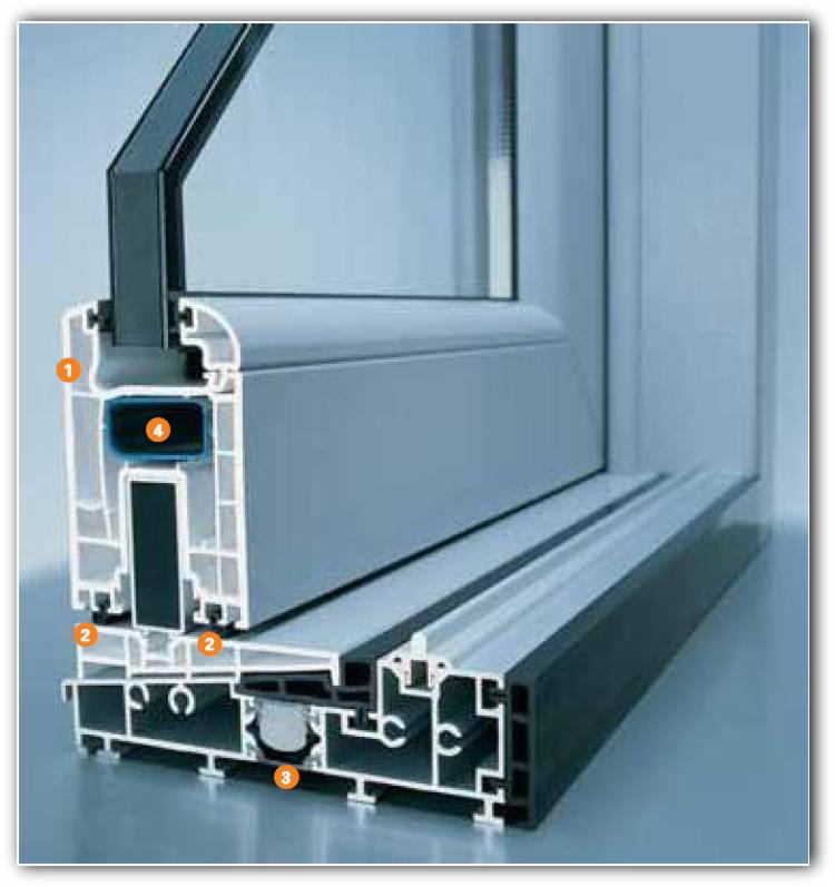 Przekrój ramy okiennej z widocznymi komorami i uszczelkami. Szczegółowy widok profilu okiennego, prezentujący jego budowę wewnętrzną i elementy składowe.